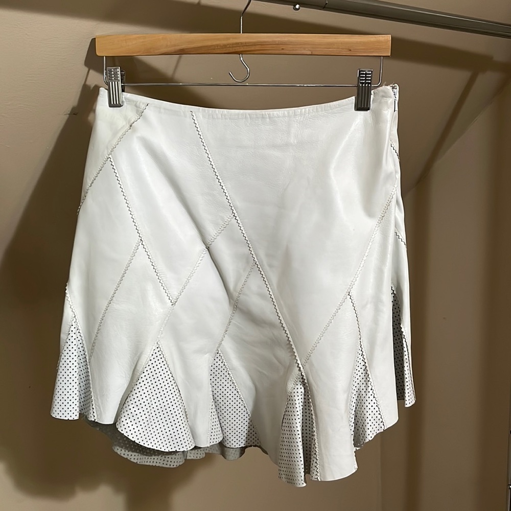 White leather patchwork skirt with perforated detail